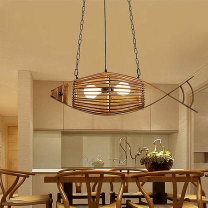 Rustic Fish Pendant Light,Hand-Woven Bamboo Hanging Lamp,Adjustable Kitchen Hanging Light,Boho Style Pendant Lamp for Living Room Bedroom