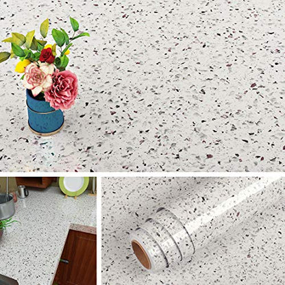 Livelynine Terrazzo Contact Paper White Granite Countertop Wallpaper Waterproof Peel and Stick Countertops for Kitchen Bathroom Counter Top Covers Desk Table Sticker Cabinet Covering 15.8x78.8 Inch