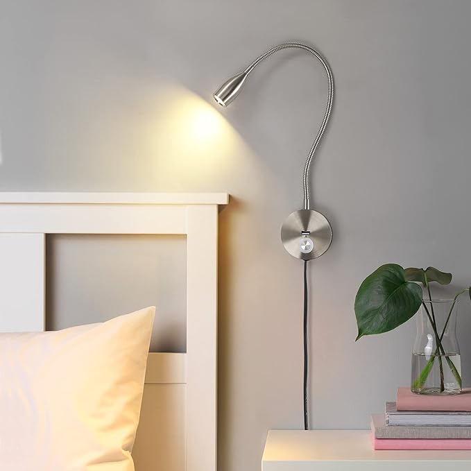 Dimmable Reading Light Plug in Wall Mounted Bedside Headboard Reading Light Task Directional Gooseneck LED Light 3W Output (Black, 120V Plug in, Warm White)
