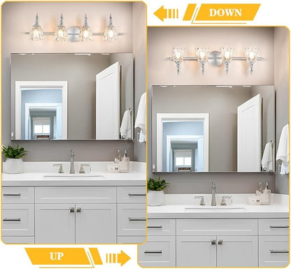4 Light Brushed Nickel Bathroom Light Fixture, Antique Vanity Light with Flower Glass Shade, Bathroom Vanity Light Over Mirror, Farmhouse Sconces Wall Lighting for Hallway Livingroom Bedroom