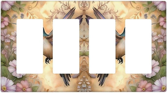 Decorative Art Light Switch Covers Blossom & Hummingbird 4 Gang Rocker Decora Outlet Covers Electrical Faceplate GFCI Wall Plate for Home Decor