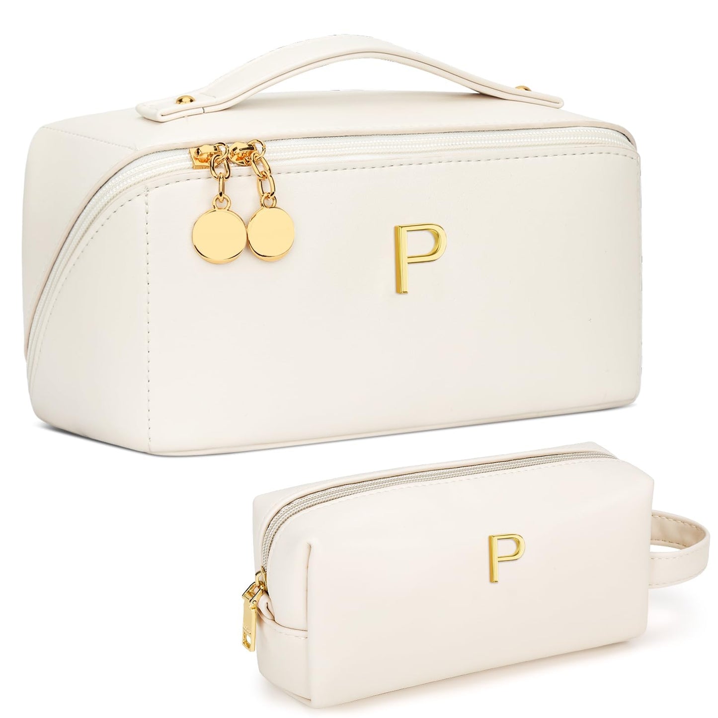 KKXIU Initial Makeup Bag for Women - Personalized Makeup Bag Gifts for Women, Travel Toiletry Bag with PU Leather, Open Flat Design with Top Handle, Cosmetic Bag Set with Multi-Pocket (Beige,P)