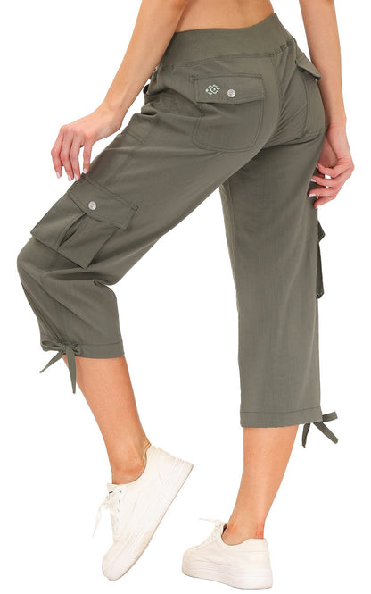 MoFiz Women's Cargo Capris Hiking Pants Lightweight Quick Dry Running Outdoor Casual Shorts Button Pockets UPF 50+ Army Green M