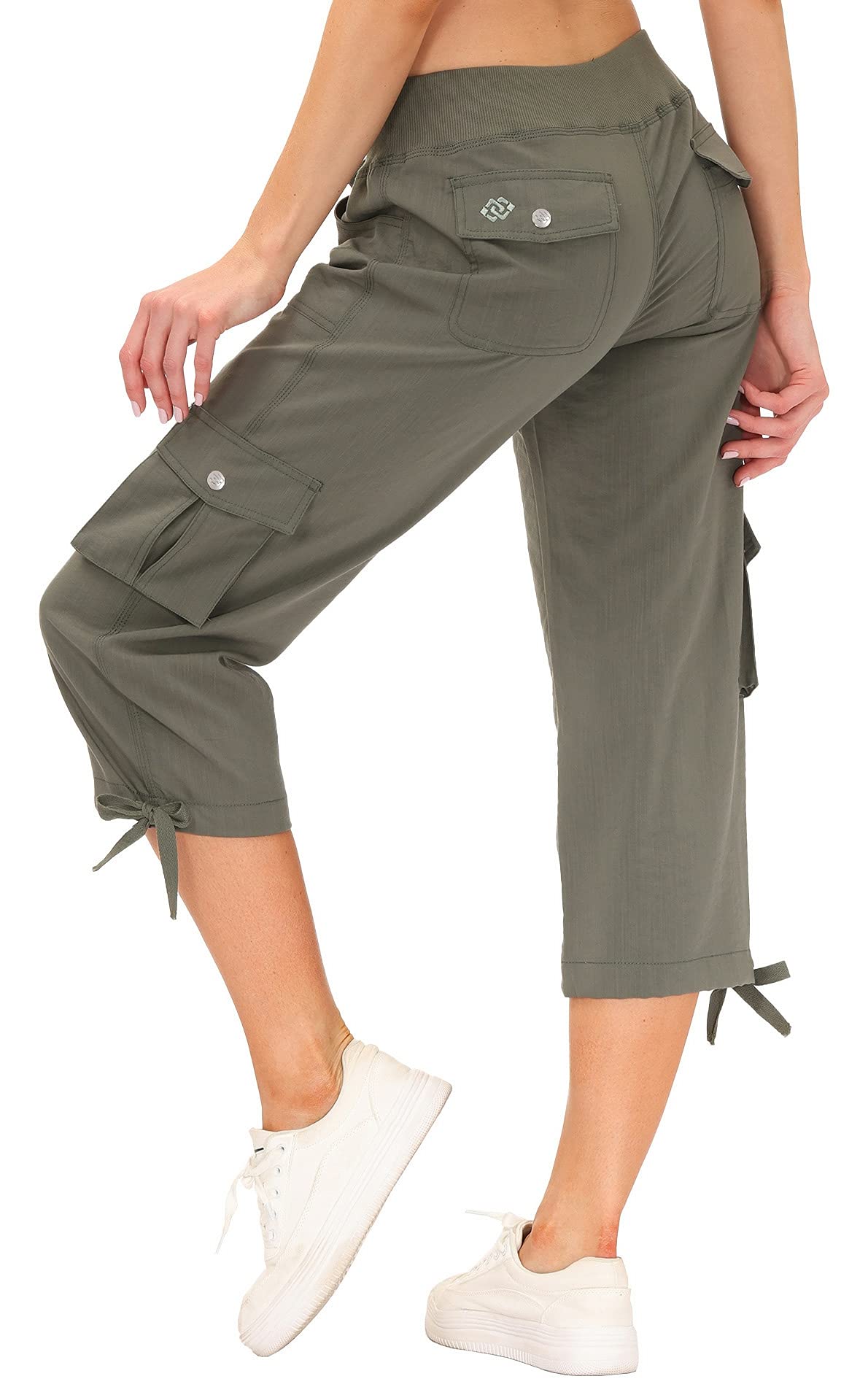 MoFiz Women's Cargo Capris Hiking Pants Lightweight Quick Dry Running Outdoor Casual Shorts Button Pockets UPF 50+ Army Green XL