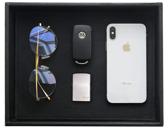 Vixdonos Valet Tray Nightstand Organizer Leather Catchall Tray for Perfume,Jewelry,Key and Remote on Counter or Dresser(Black)