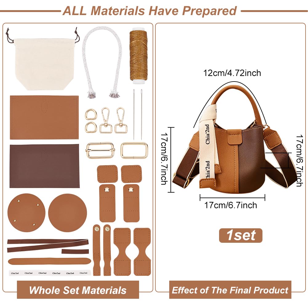 WADORN DIY PU Leather Bag Making Kit for Women, Handbags Sewing Kit for Adult DIY Bucket Bag Making Kit with Lined Pockets DIY Purse Cross Leather Craft Bag Making Supplies, 6.7x6.7 Inch, Brown