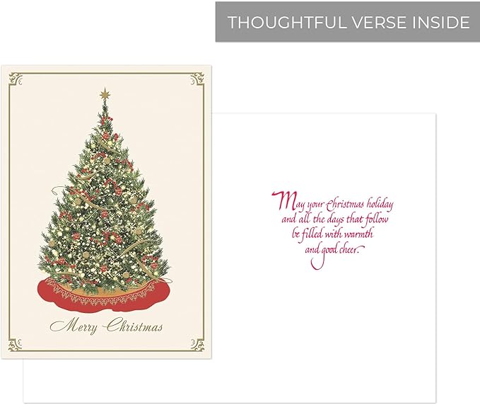 Masterpiece Elegant Tree Christmas Cards / 15 Boxed Winter Holiday Card Set With With Gold And Red Foil Accents And Gold Foil Lined Envelopes / 5 5/8" x 7 7/8" Folded Christmas Tree Greeting Cards