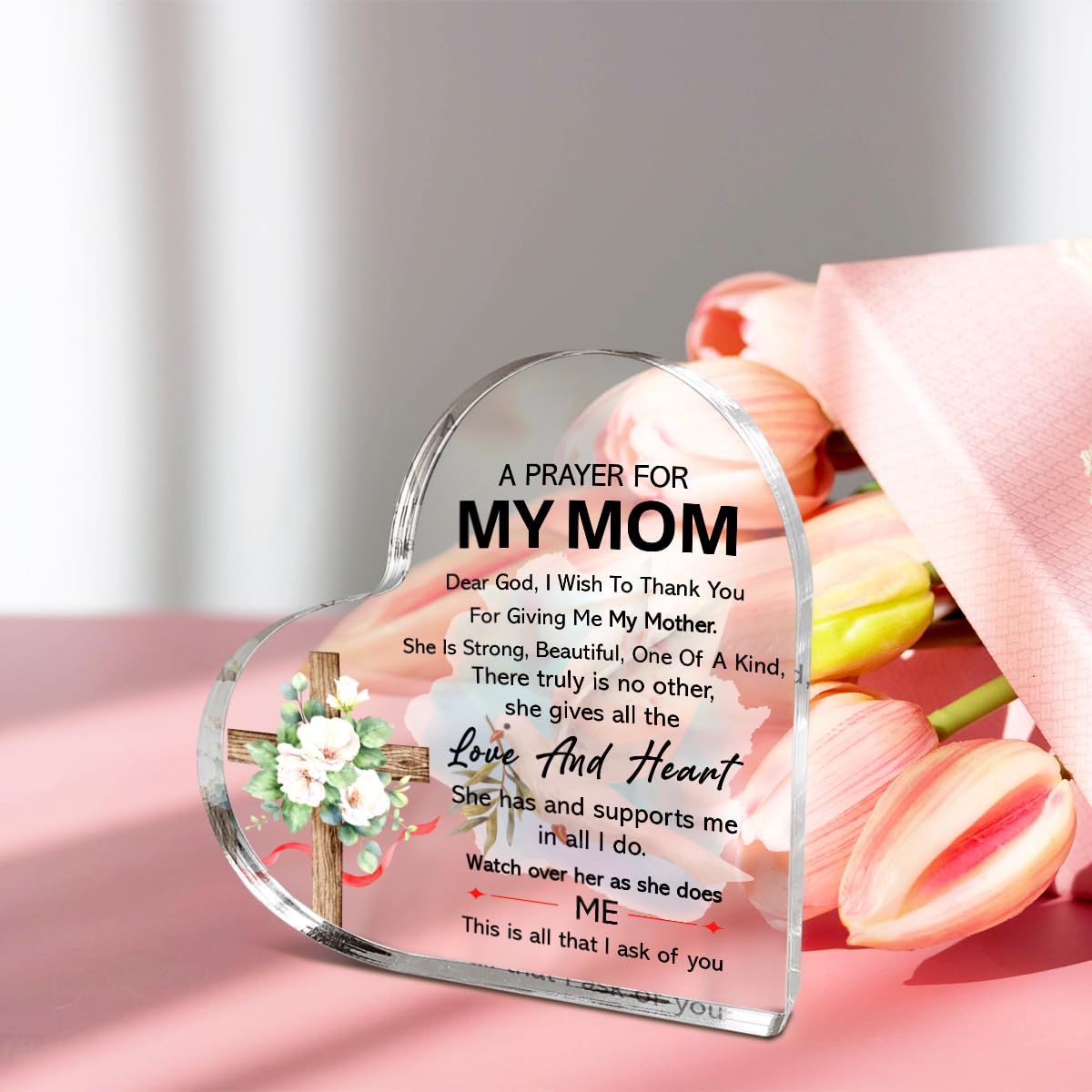 Pray Gifts for Mom,Church Plaque Gifts for Mom Thanksgiving Christmas Birthday,She Gives All The Love And Heart Sign Acrylic Plaque 4.5x4.5 Inches