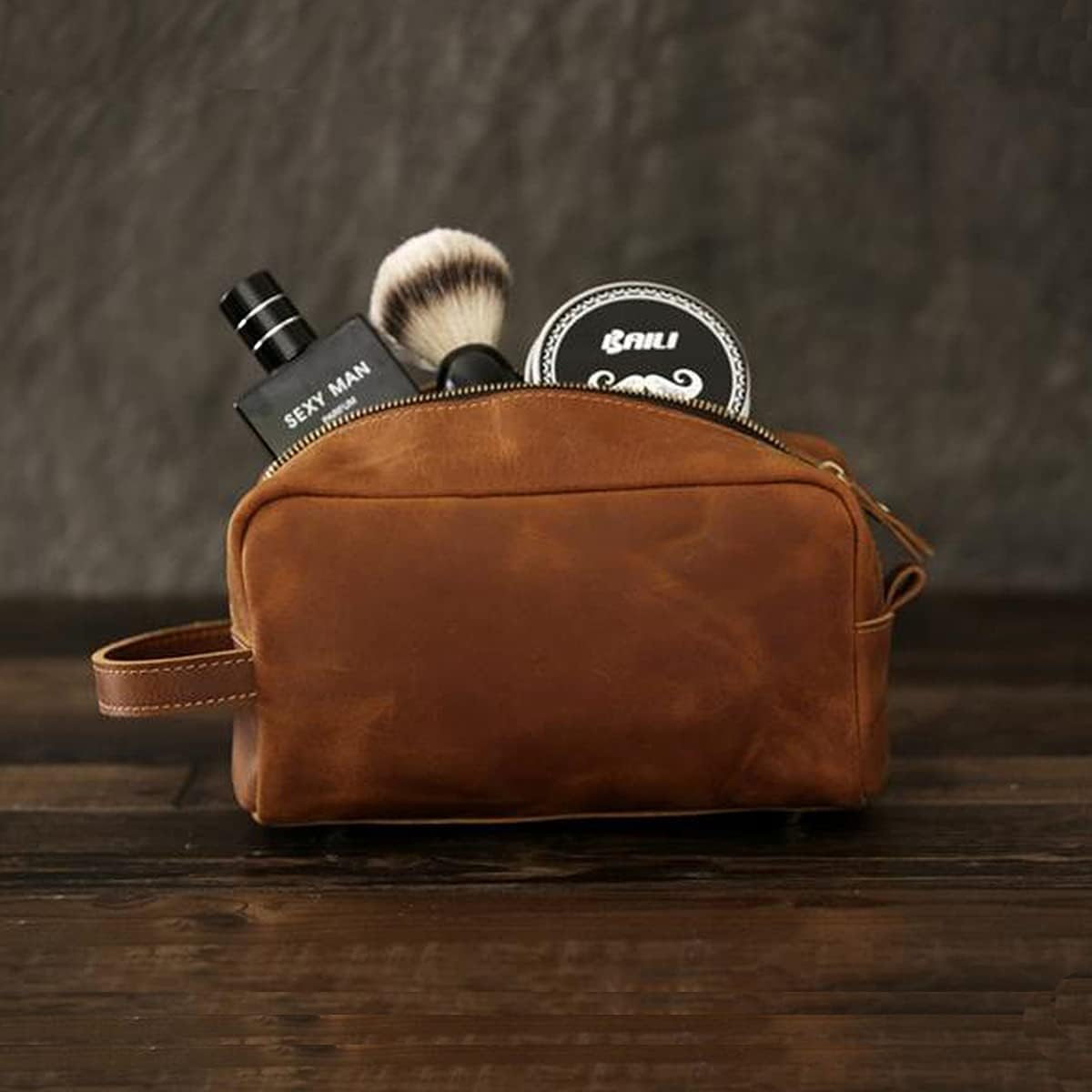 Toiletry Bag for Men or Women, Full Grain Leather Handcrafted Dopp Kit, Vintage Travel Leather Toiletry Travel Pouch, Large Cosmetic Bathroom Travel Shaving Bag, Fully Lined with Cotton Fabric