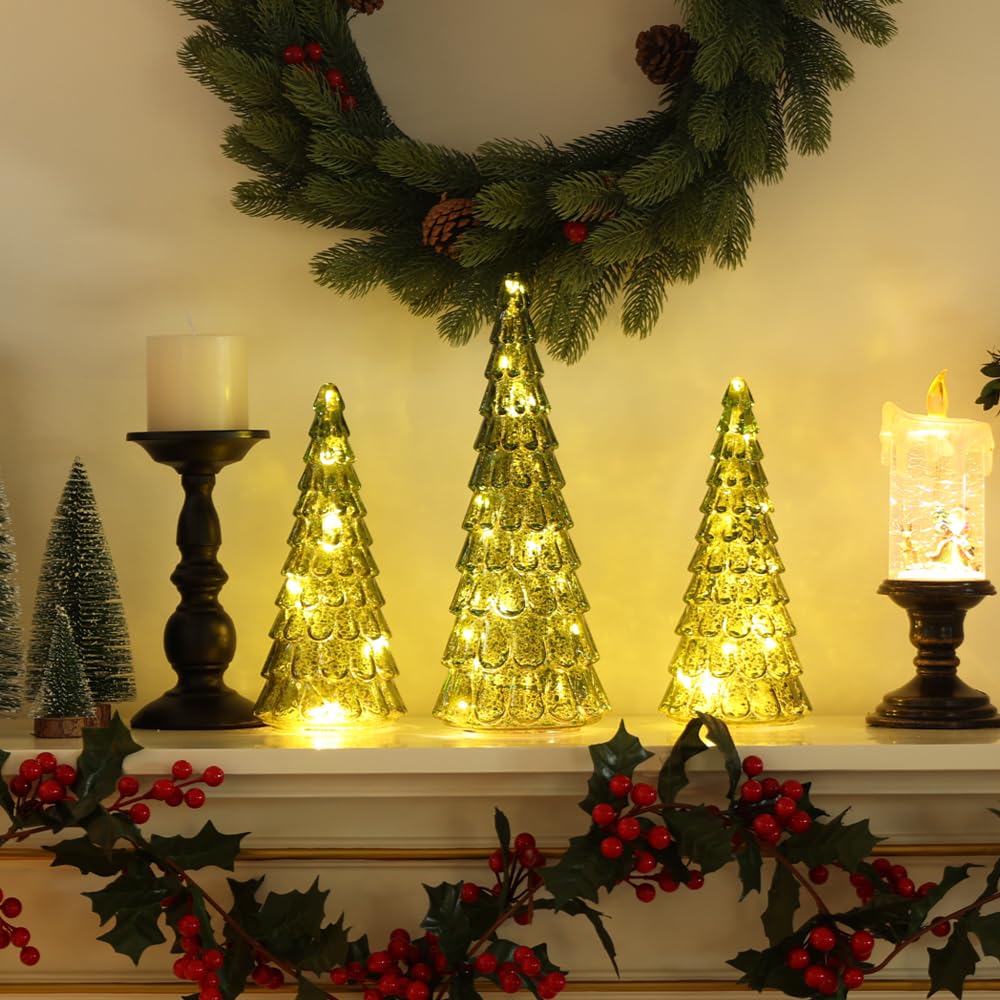 PHITRIC Christmas Decorations Indoor, 3 pcs Sparkling Glass Christmas Tree with LED Lights and Timer, Tabletop Christmas Tree Decor, Xmas Tree Decorations for Living Room, Fireplace, Table, Home