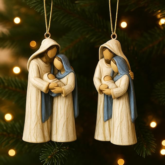 Holy Family Nativity Hanging Ornament – Hand-Painted Resin Christmas Décor Religious Gift Keepsake for Tree or Wreath, Mary Joseph and Baby Jesus Figurine (Holy Family)