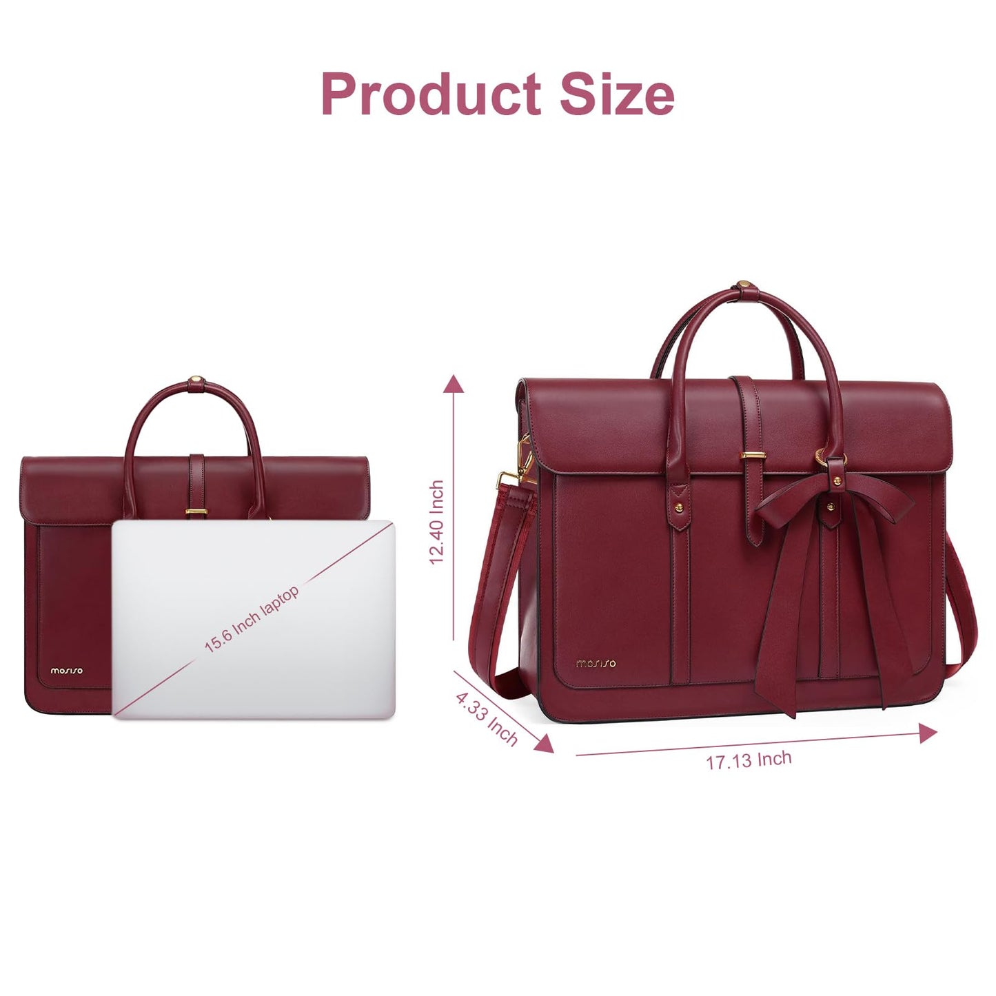 MOSISO Laptop Bag for Women, 15-15.6 inch PU Leather Laptop Shoulder Bags Convertible Backpack, 16 inch Messenger Bags Casual Handbag Work Briefcase Travel Computer Bag with Bowknot, Wine Red