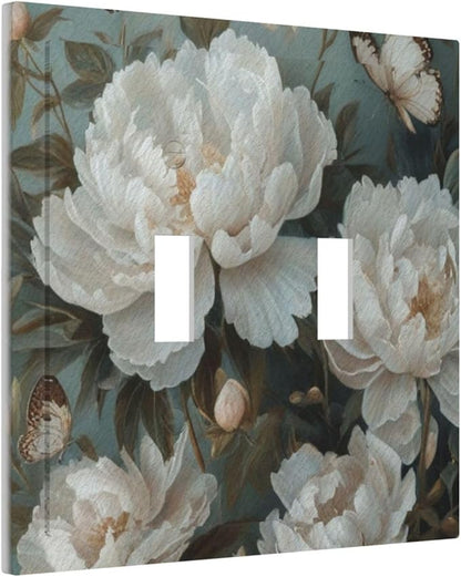 Decorative Art Light Switch Covers Butterflies & Peonies 2 Gang Double Toggle Wall Plate Decorative Switchcover Electrical Switchplate for Home Decor