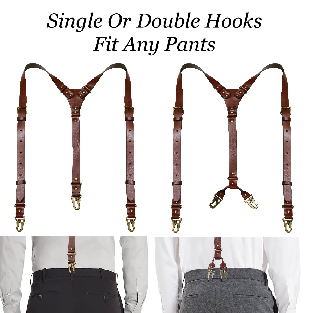 SILKSEA Leather Suspenders for Men Heavy Duty Y Back Adjustable Solid Brace Men's Big & Tall Suspenders for Dress Pants with Snap Clips Hooks, Brown