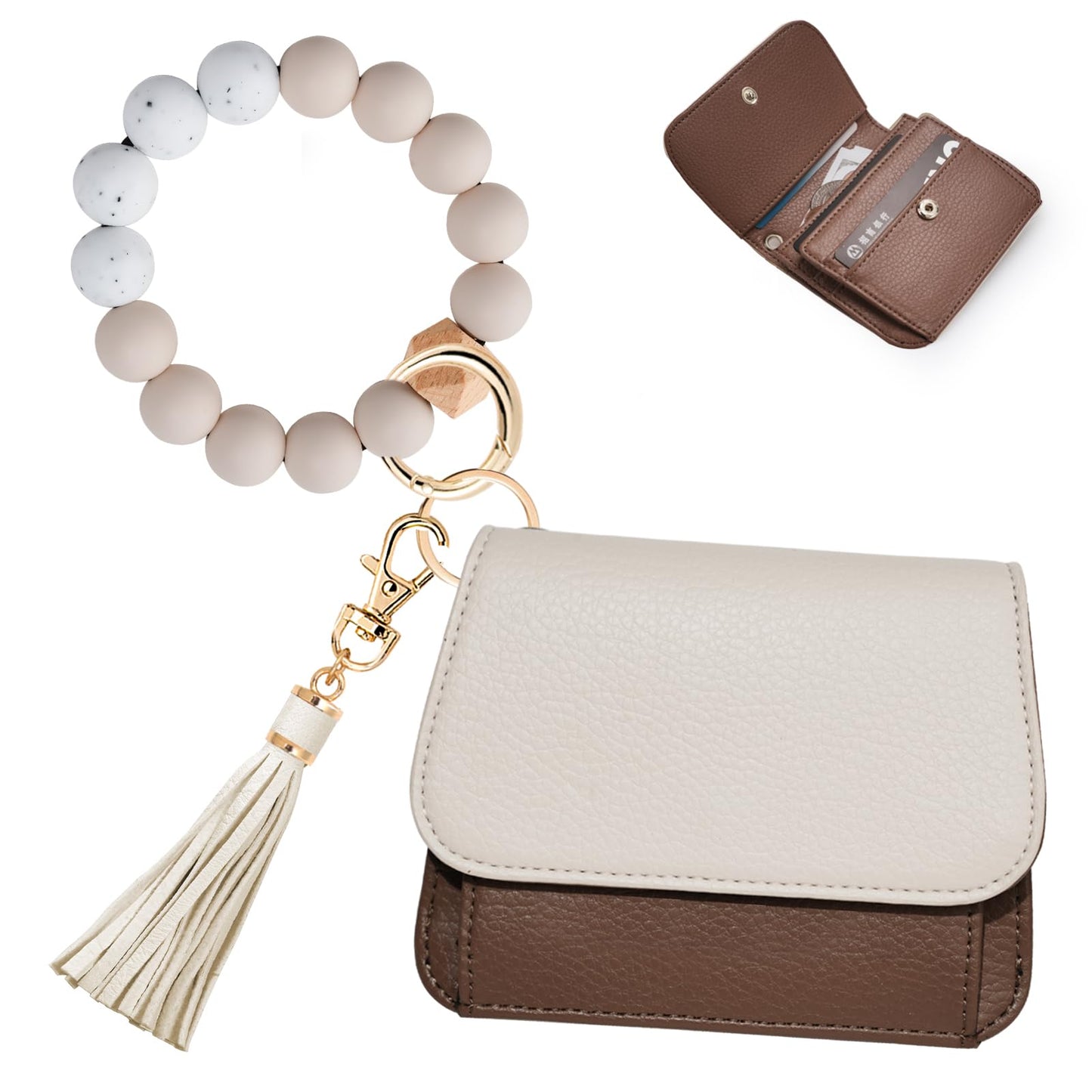 Sunpour Keychain Wallet RFID Wristlet Wallets for Women,Small Wallets Woman Key Chain Wallet with Coin Pocket and Id Window (Beige＆Brown)