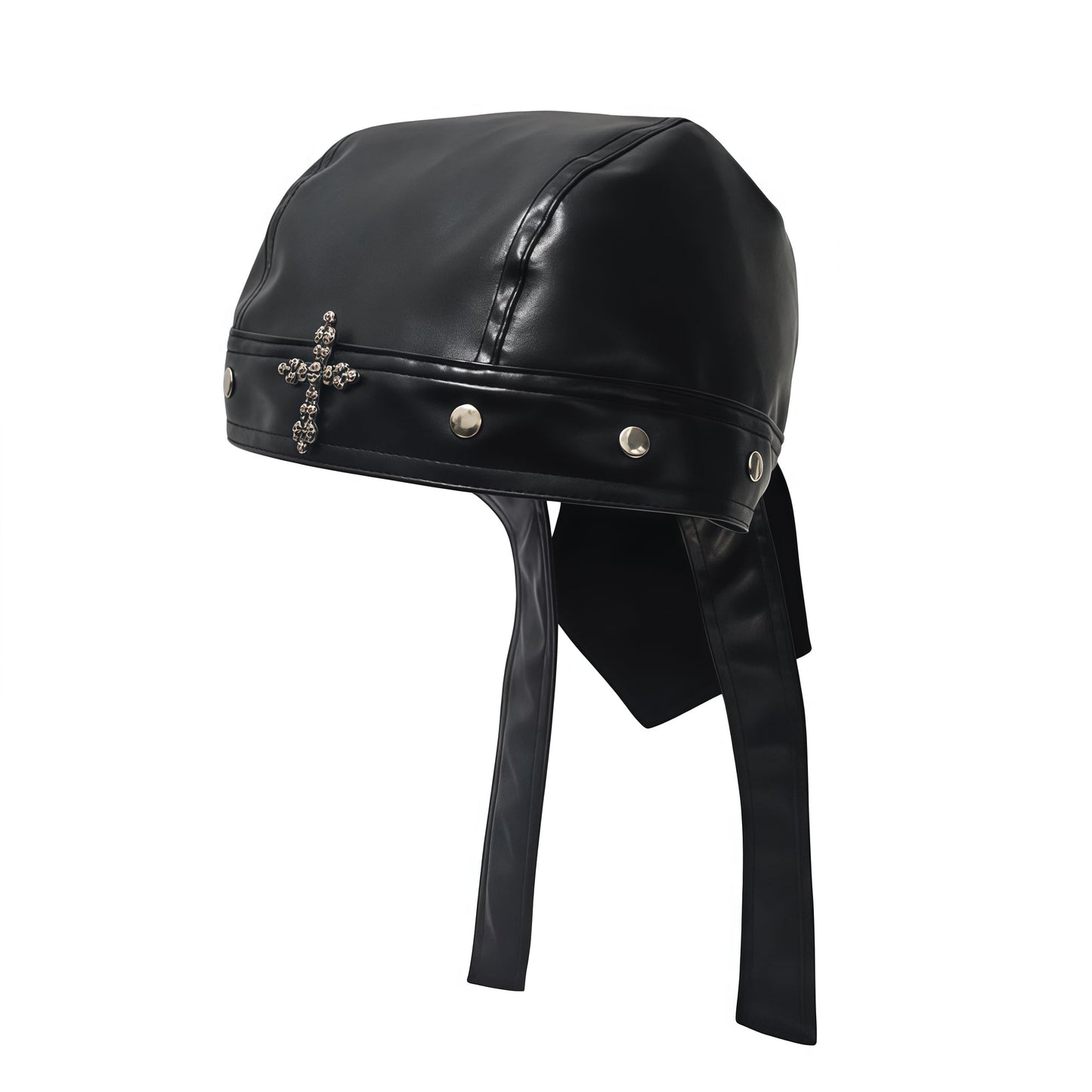 Leather Biker Skull Cap for Women Adjustable Skull-Studded Cross Motorcycle Hat with Snug Fit, Stylish Biker Head Wrap & Riding Cap