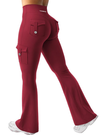 YEOREO CoreFlex Women Workout Flare Leggings with Pockets Hidden Scrunch High Waisted Cargo Gym Yoga Leggings Wine XXL