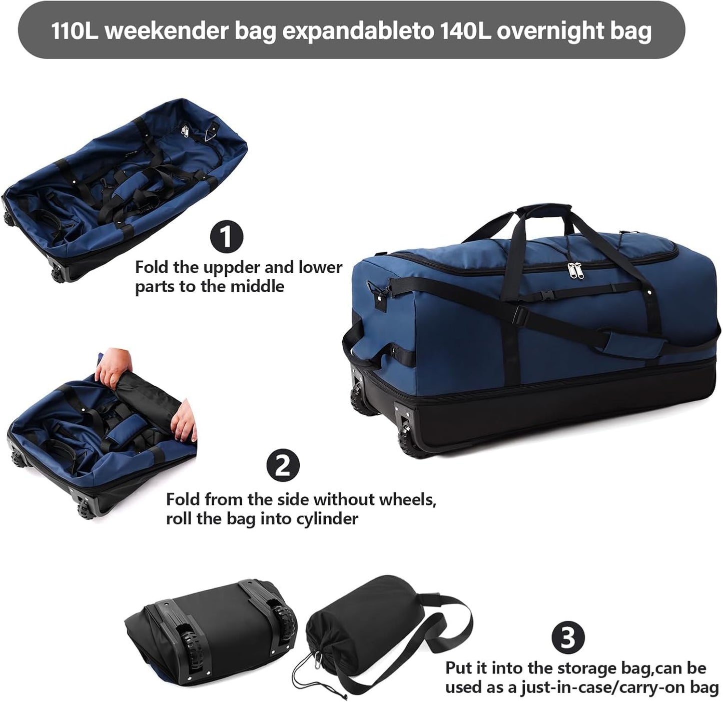 XWFB Rolling Duffle Bag with Wheels,110L/140L Expandable Soft-Sided Foldable Duffle Bag with 2 Rubber Wheels,Packable 32” Rolling Carry-On with Multi-Pockets & Compartments (Dark blue)