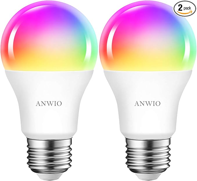 ANWIO Smart Light Bulbs 8.5W (60W Replacement) A19 E26 LED Bulb Work with Alexa, Google Assistant, Smart Life App, Tuya App, Color Changing Light Bulb,806LM,2.4Ghz only，No Hub Required（2-Pack）