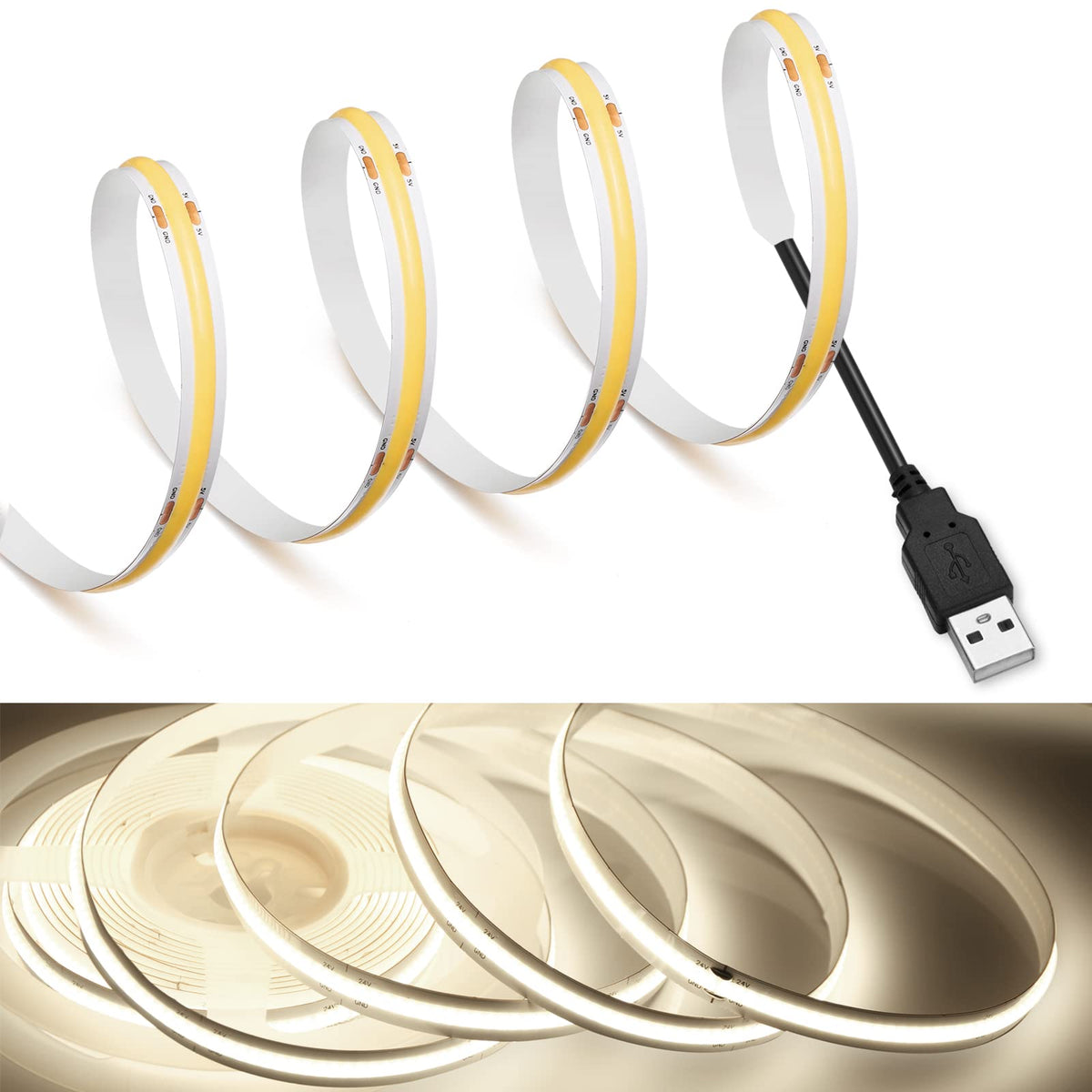 MDee】COB LED Strip Lights 4000K Nature White 16.4ft/5m USB Powered 5V Flexible LED Tape Lights with USB Connector CRI 90+ 800LM/m 320LEDs/m for Indoor and Outdoor Décor（4000K Nature White16.4ft/5m）