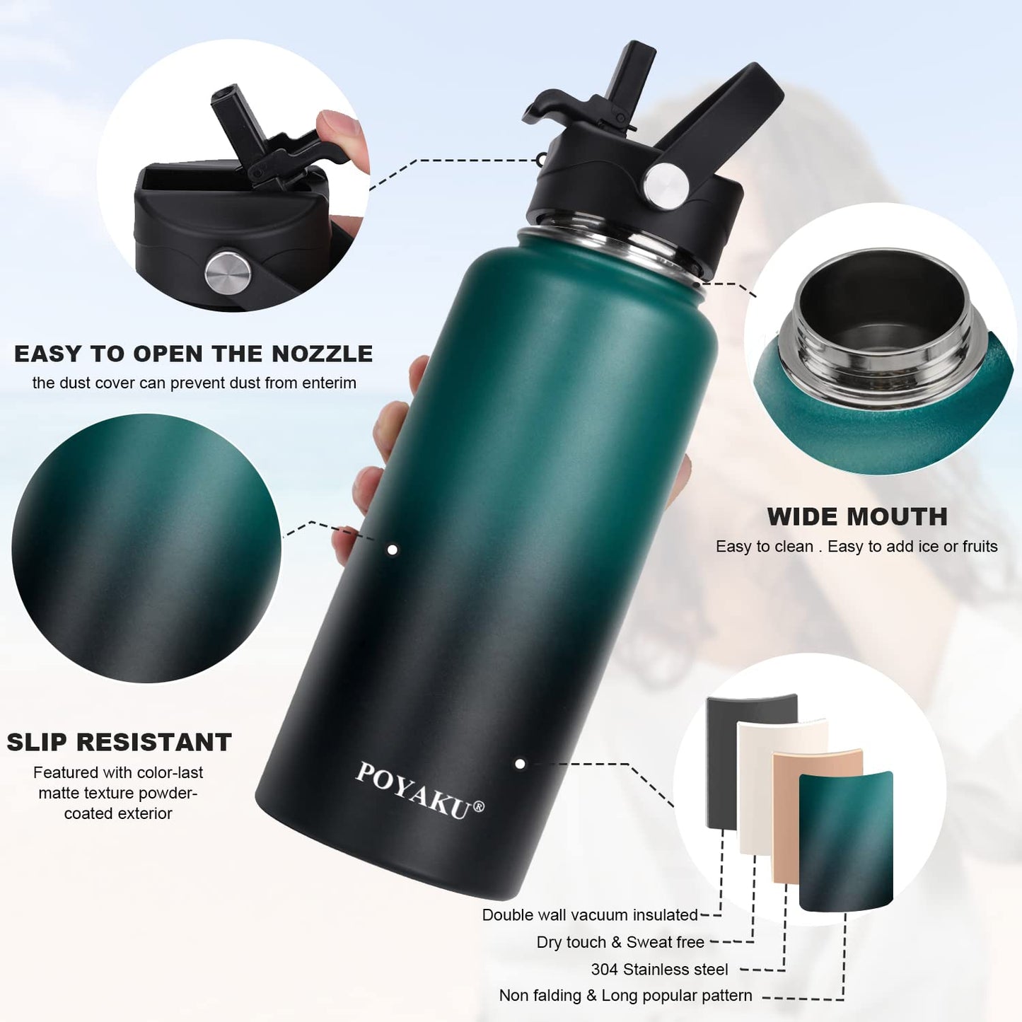 Water Bottle Insulated 32oz 40oz 64oz 128oz Straw Lid Spout Lid & 3 Lids, Leak Proof, Vacuum Insulated,Stainless Steel Water Bottle Wide Mouth for Sports, Gym or Office (Indigo Crush, 32 oz)