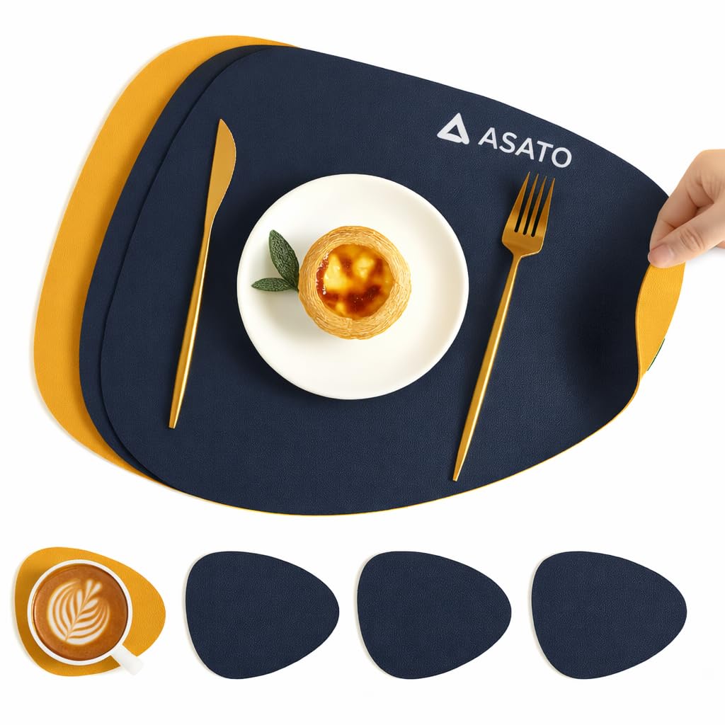ASATO Premium Quality Leather Placemat and Coaster Set, Red, Oval Shape, 4 Large Placemats and 4 Small Coasters (Black&Brown)