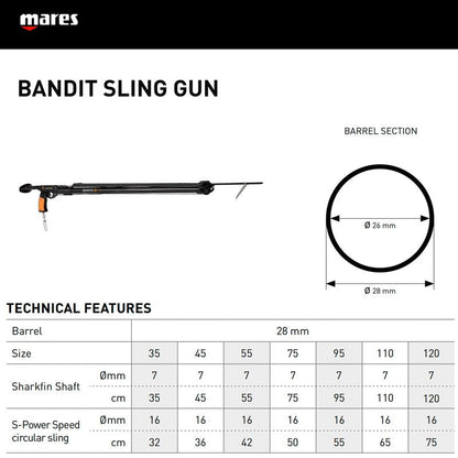 Mares Bandit Sling Speargun - Durable Easy to Use Spear Gun for Spearfishing - Ergonomic Handle, 7mm Shaft & 16mm Circular Elastic Band - 120cm
