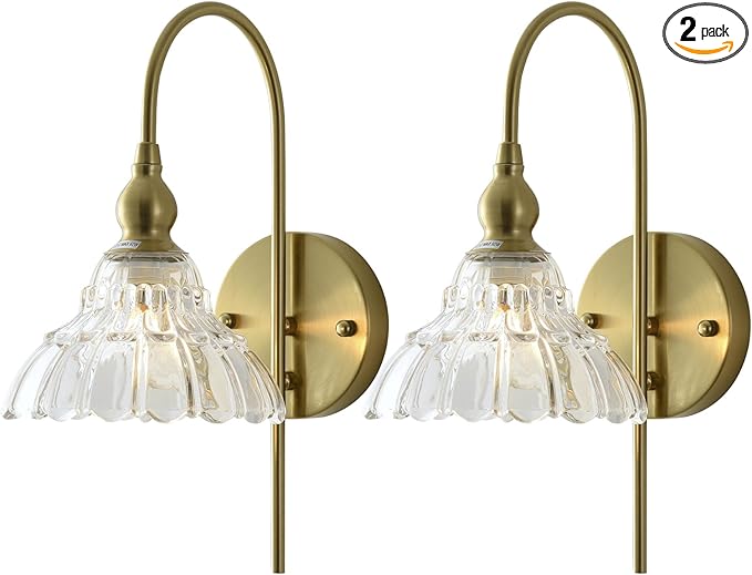 Vintage Wall Sconces with Clear Flower Glass Lampshade, Indoor Bath-Room Wall Sconce, Modern Gold Industrial Lighting Fixture for Mirror Living Room Hallway 2 Pack