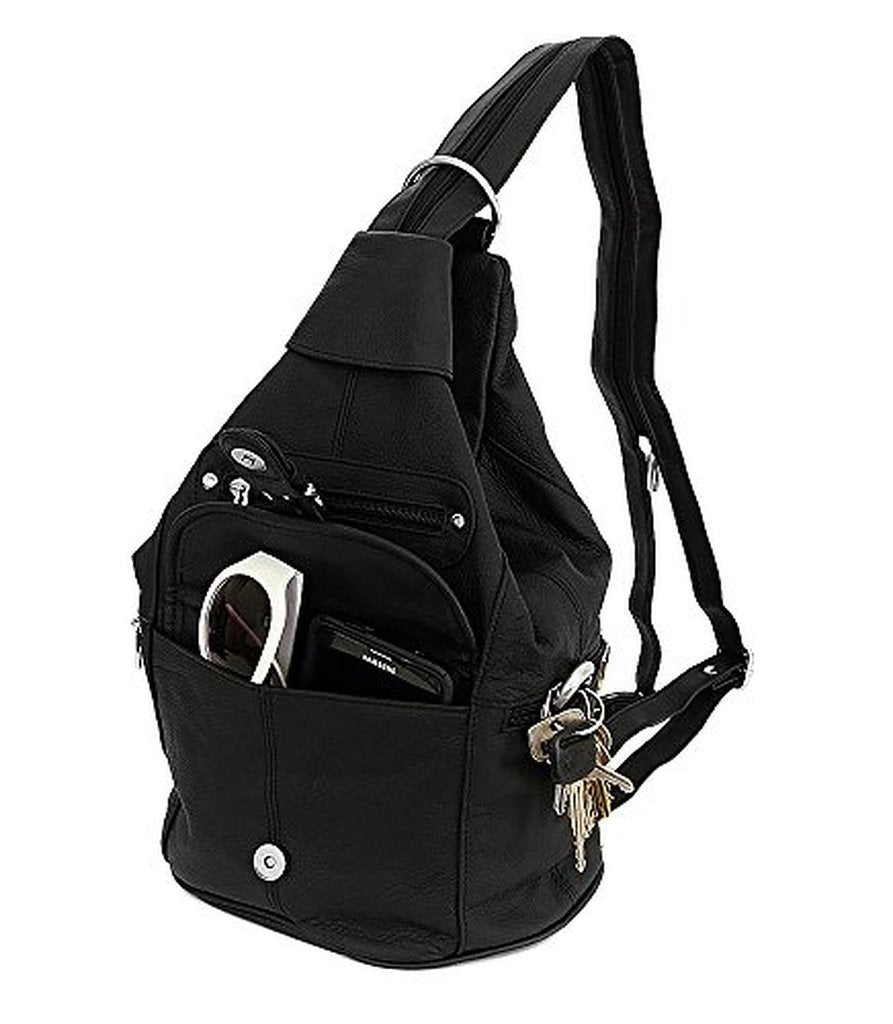 Womens Leather Convertible 7 Pocket Medium Size Tear Drop Sling Backpack Purse Shoulder Bag, Black