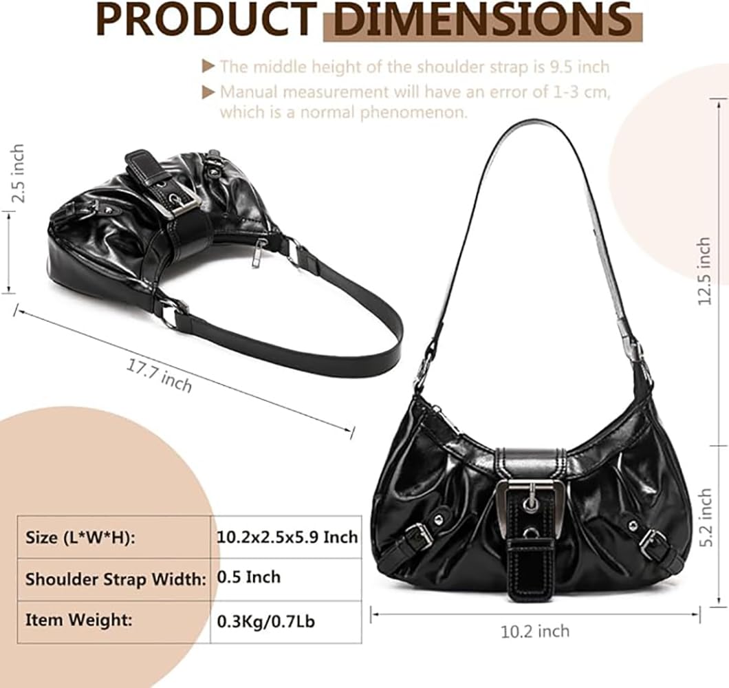 AFMKTICA Y2K Trendy Purse for Women, Leather Buckle Punk Hobo Clutch Purses Bags for Ladies Top Handle Shoulder Bag (Deep black)