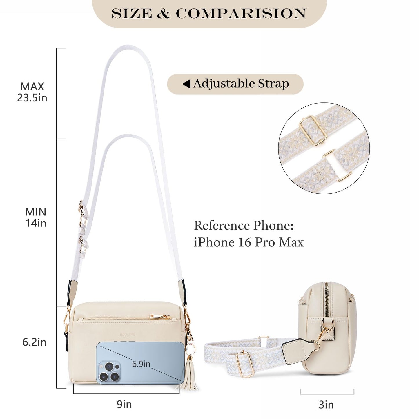 Roulens Triple Zip Small Crossbody Bag for women,Wide Strap Cell Phone Purse Shoulder Handbag Wallet with Credit Card Slots
