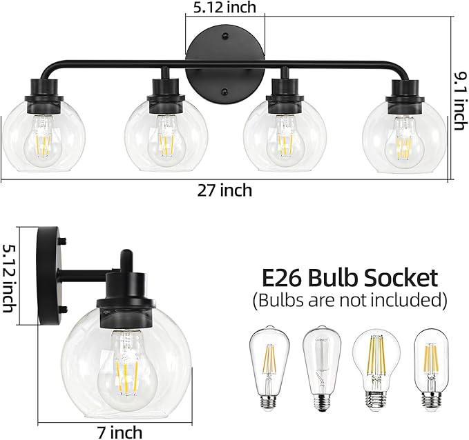 Bathroom Light Fixtures Black Vanity Light 4 Light Wall Sconces Lighting Bathroom Lights with Globe Clear Glass Shade Bath Wall Lights Wall Lamp for Mirror Kitchen Living Room Bedroom Hallway 27 Inch