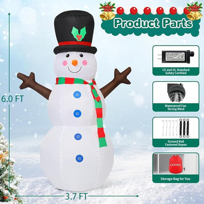 GOOSH 6 FT Inflatable Outdoor Snowman Holiday Decoration Blow Up Snowman with Branch Hand for Yard, Garden, Indoor & Outdoor Parties