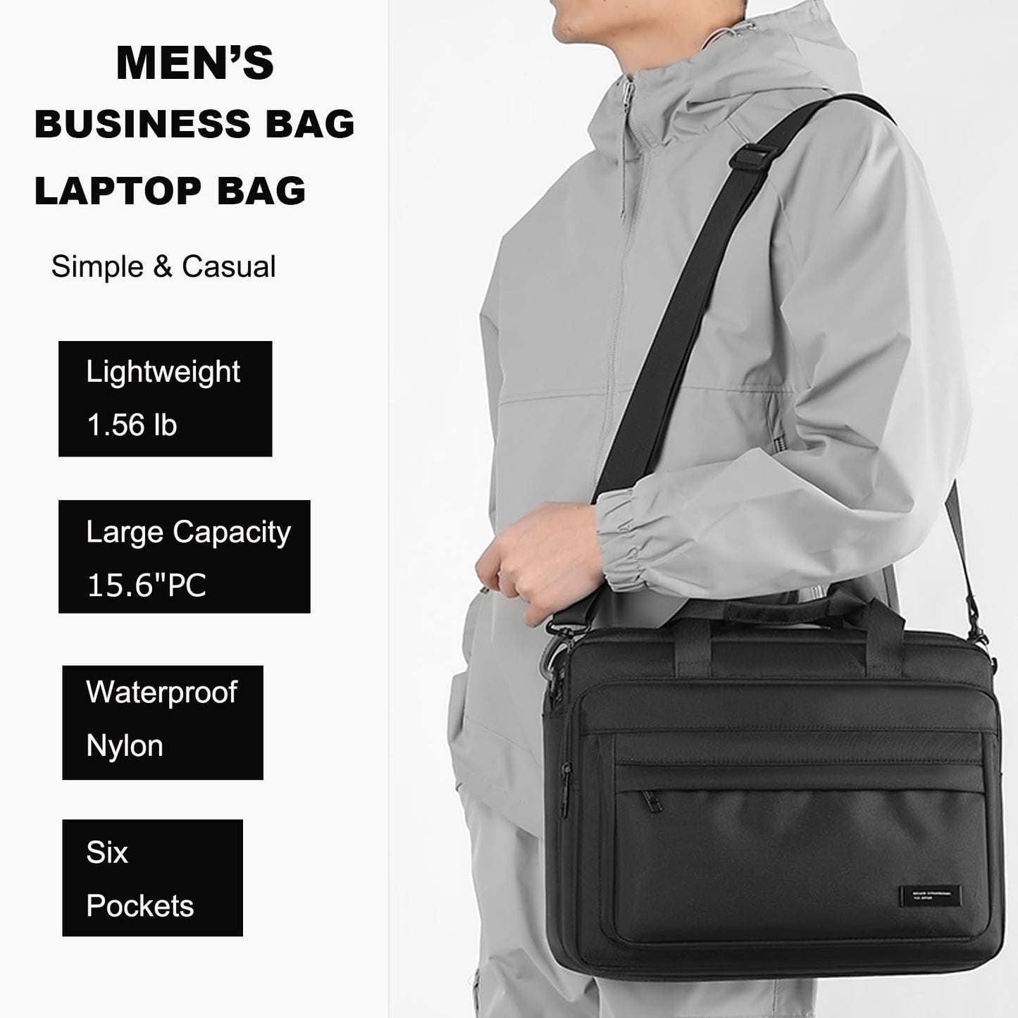 natyrlpog Laptop Bag 15.6 Inch Briefcase for Men Women Waterproof Nylon Lightweight, Shoulder Computer Messenger Handbag for Business Office Work Travel College Black