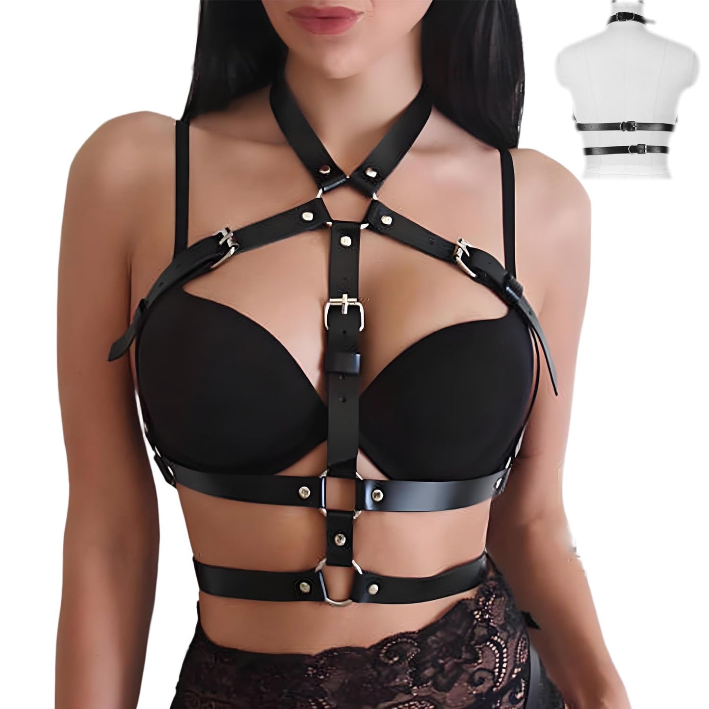 Punk Black Leather Chest Harness for Women, Gothic Body Harness Belt with Adjustable Pu Leather Chains, Sexy Waist Body Chain Jewelry for Rave, Club Party, Halloween Costume Accessories