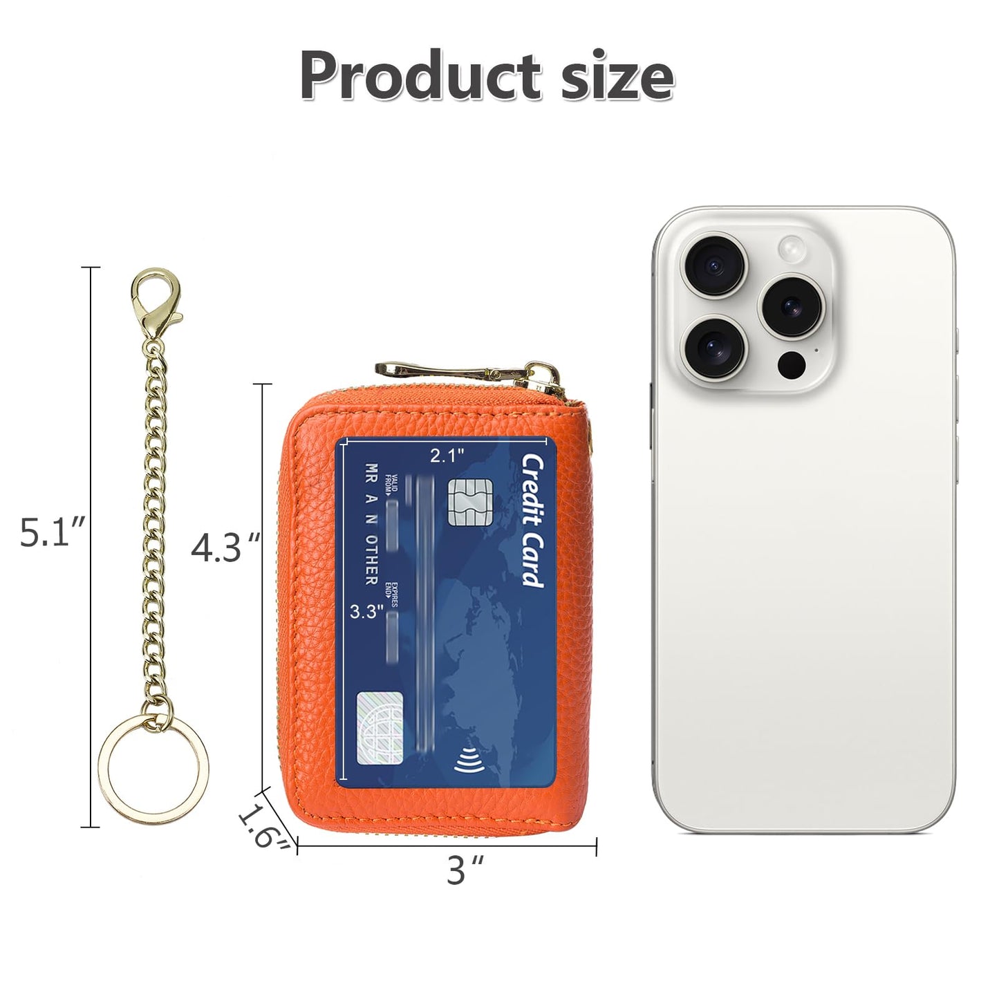 imeetu RFID Credit Card Wallet, Genuine Leather Zipper Card Case Holder with Removable Keychain(Max - Orange)
