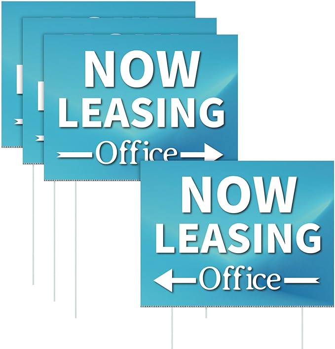 Ripeng 3 Pcs Leasing Double Sided Yard Signs with Arrow 16 x 12 Inch Yard Signs with Stakes for Outdoor Office Retail Store Restaurant Bar Hotel(Now Leasing Office)
