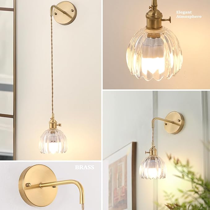 Battery Operated Wall Sconce with Clear Tulip Shade Pattern Glass Adjustable Chain Retro Gold Wall Mounted Light, Modern Wall Decor for Bedside Bedroom Indoor Doorway， Set of 2