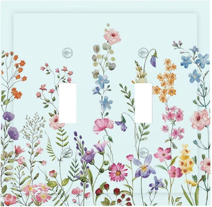 Rustic Wild Floral Vintage Blue Watercolor Flower Double Toggle Light Switch Covers Decorative Unique 2 Gang Wall Plate Dual Electrical Faceplate Switchplate for Bathroom Bedroom Decor