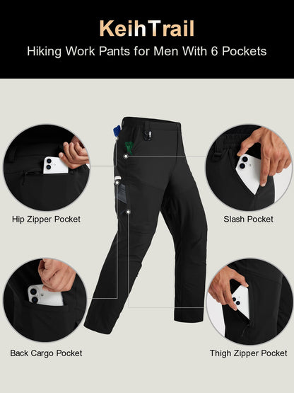 Mens Hiking Cargo Work Nylon Pants - Water & Wear Resistant Breathable Lightweight Stretch Quick Dry - EDC with 6 Pocket Black