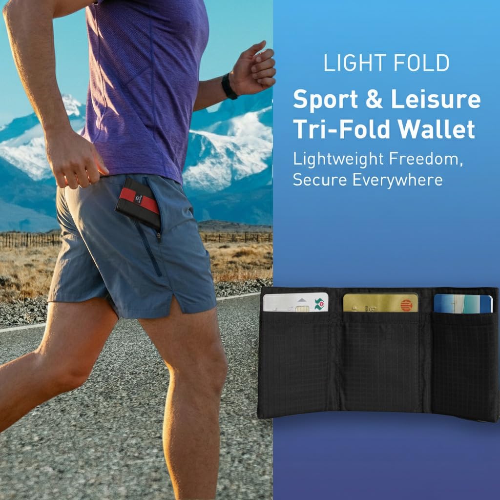 LIGHT FOLD Ultra Slim Tri-Fold Wallet with RFID Blocking, Lightweight Minimalist Men’s Wallet with Elastic Band, Waterproof Durable Nylon Fabric, Slim Front Pocket Card Holder Fits 12 Cards & Cash
