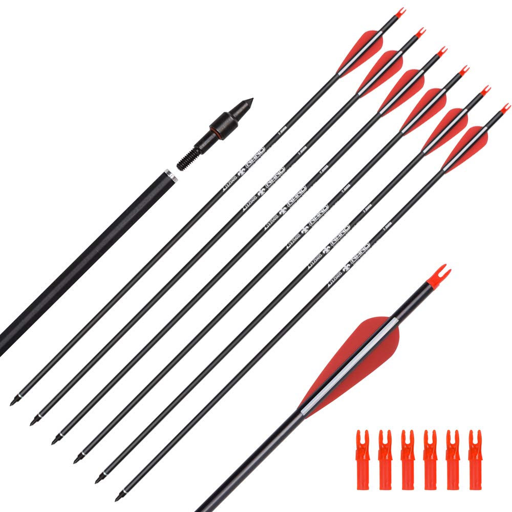 Elong 6PCS 30" Arrows for Compound Bows,Carbon Hunting Arrows for Archery Spine 500 with 100 Grain Screw Tips, for Compound & Recurve & Traditional Bow(with 6 Extra Nocks)