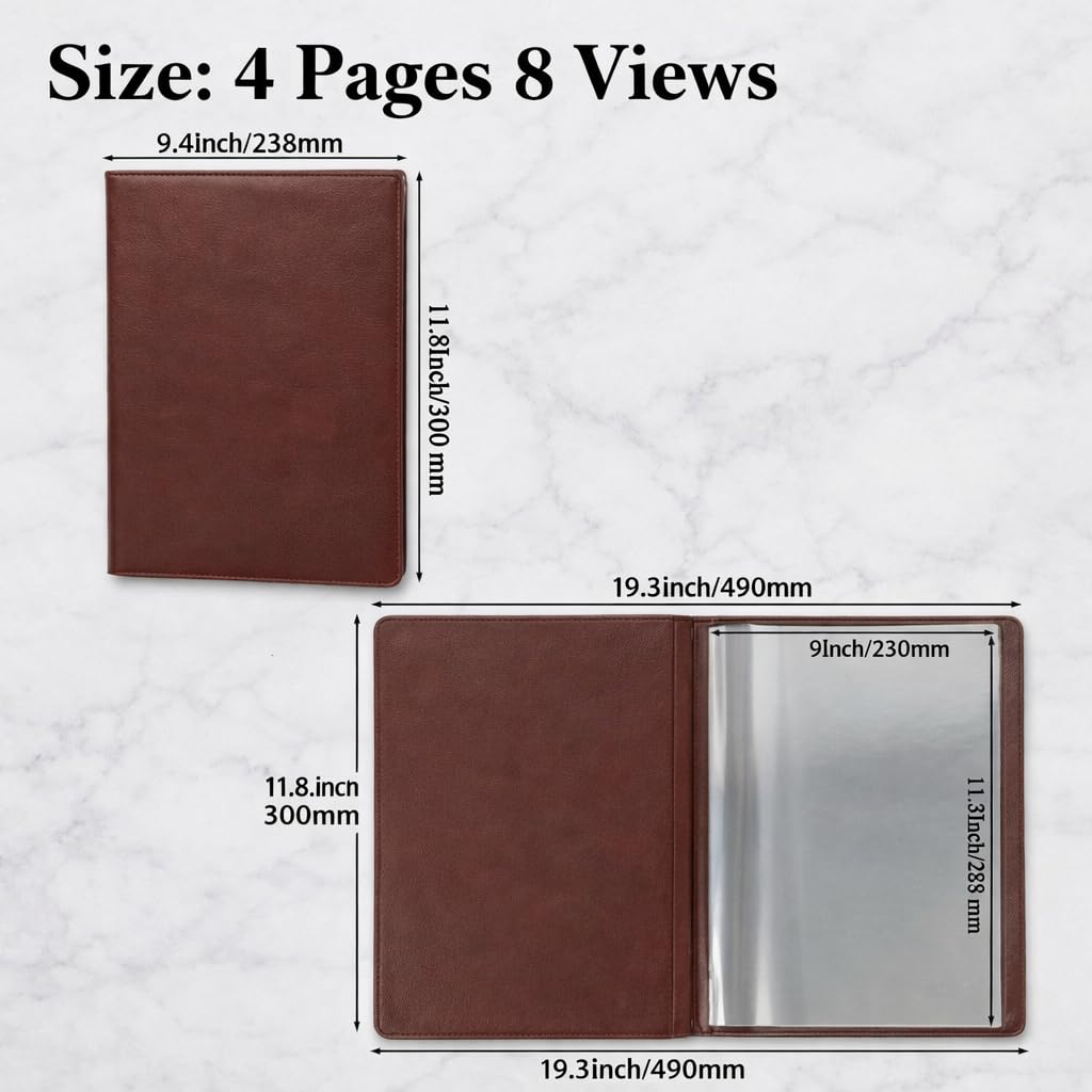 2-Pack Mahogany Red Vegan Leather Menu Cover with Embossed MENU Design 8.5x11 4 Page 8 View Clear Sleeves Restaurant Menu Holder Presentation Folder Portfolio Binder Sheet Music Professional