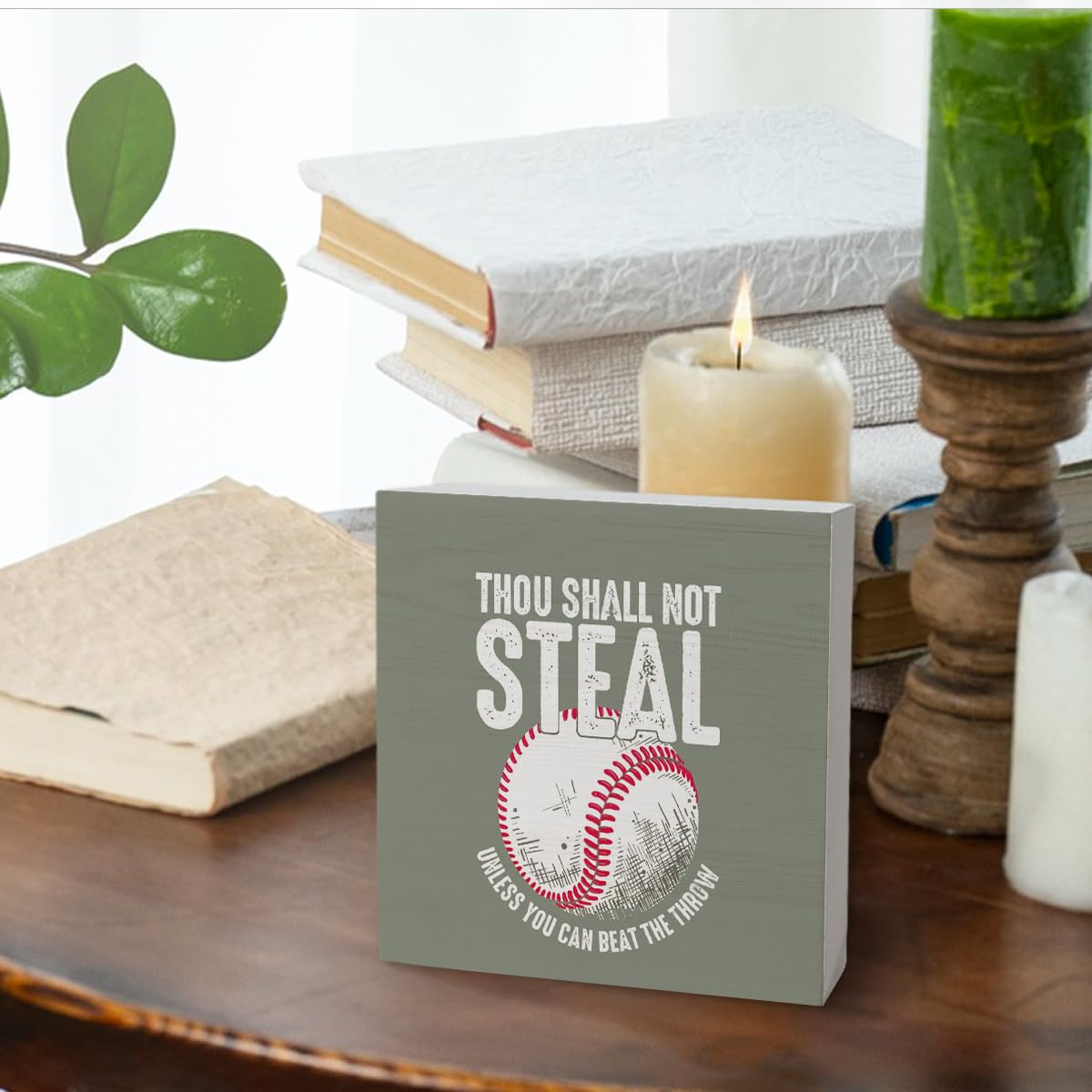 Funny Retro Baseball Wood Signs for Office Desk Decor, Baseball Lover Gifts ffice Desk Accessories, Sports Fan Gifts Home Shelf Decor,Thou Shall Not Steal Unless You Can Beat The Throw 5x5(Christmas)