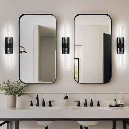 Modern Wall Sconces, Bathroom Wall Sconce, 22.8" Black Wall Lamps, 2-Light Dimmable Sconces Wall Lighting with Glass, Vanity Light Tube Sconce for Bedroom Living Room, Hallway