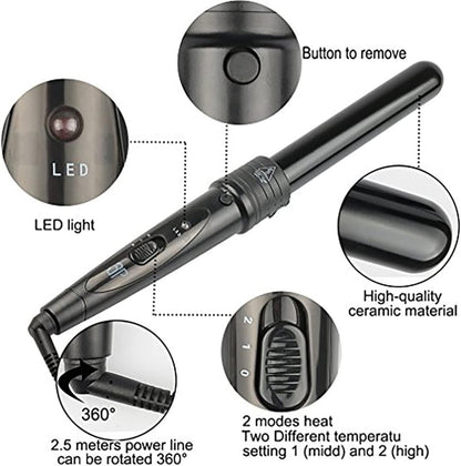iMissiu Tourmaline 3 in 1 Curling Wand Set with 3 Interchangeable Curling Iron Ceramic Barrels with Heat Resistant Glove – Black