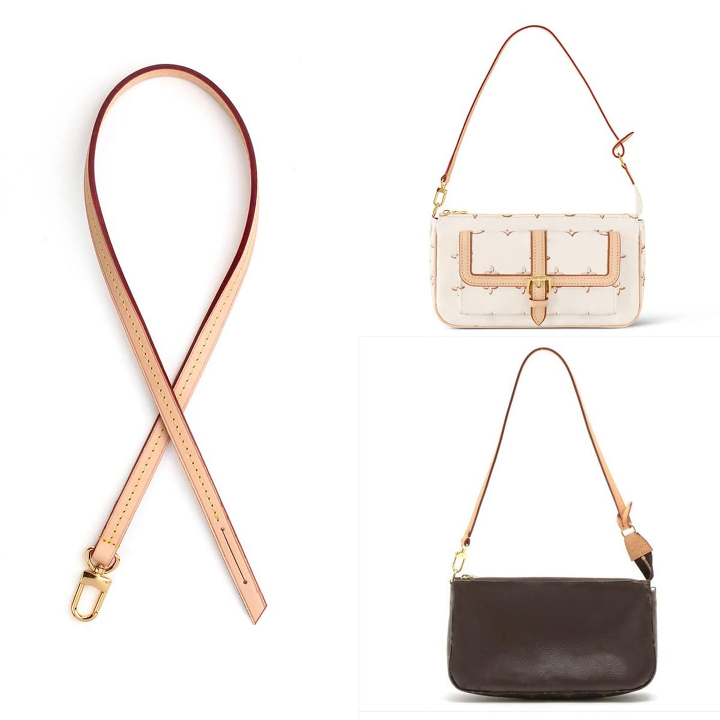 jiesinlov Genuine Vachetta Leather Replacement Bags Thin short Strap Shoulder Purse Straps for Multi Pochette Boulogne pouchette Montaigne Accessories 20INCH (0.39Width Single one Buckle 23.5Length)