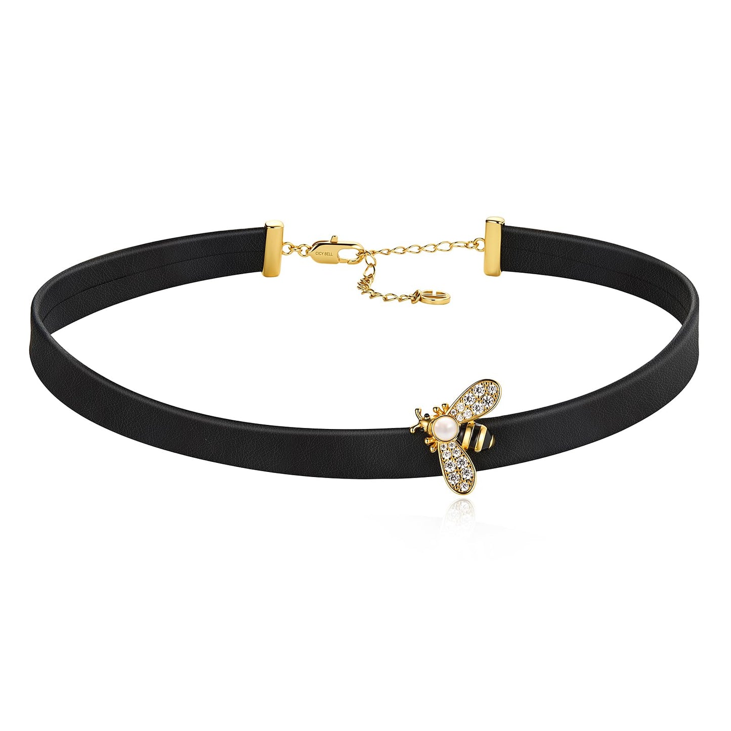 Cicy Bell Womens Black Choker Necklace 18k Gold Plated Brass Adjustable Faux Leather Punk Bumble Bee Round Party Collars Jewelry for Lover Friends