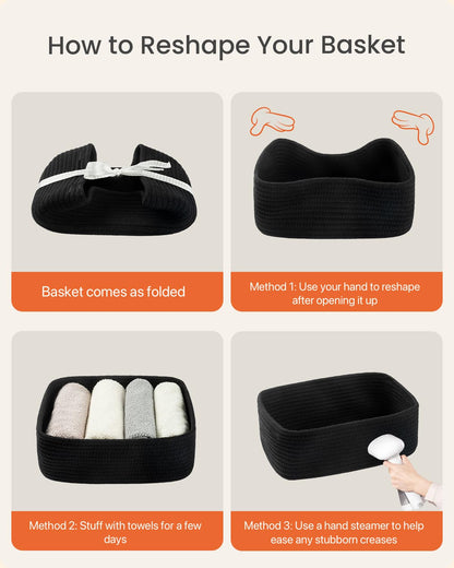 Small Woven Basket, 12 x 8 x 4.5 Inches, Storage Basket for Organizing, Cute Small Rope Shelf Closet Cube Storage Bins Baskets for Shelves, Dog Toy Gift Baskets Empty, 3 Packs, Black