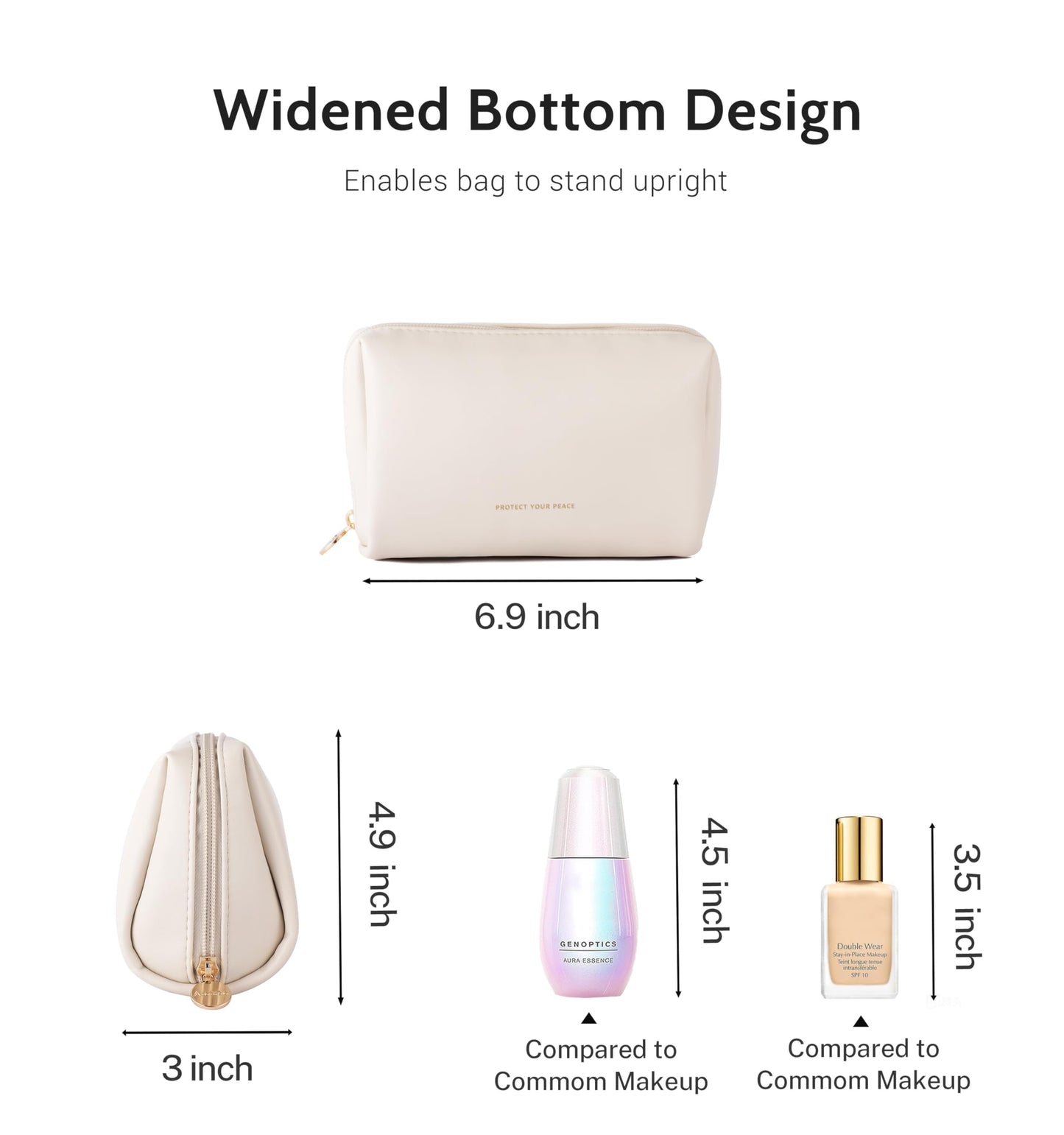 Aveniee Travel Makeup Bag Small, Vegan Leather Cosmetic Pouch for Purse, Wide-open Toiletry Organizer with Dividers & Zipper for Women-Beige